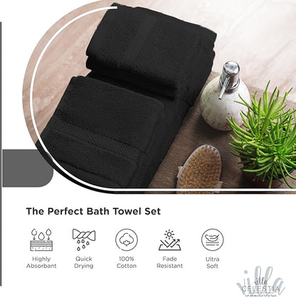 100% Cotton Bath Towel Set of 24-6 Bath Towels, 6 Hand Towels, 12 Wash Cloths, Sustainable, Soft, Highly Absorbent, Combed Cotton 24 Piece Set for Hotels, Spa, Bathroom, Dorm, Black