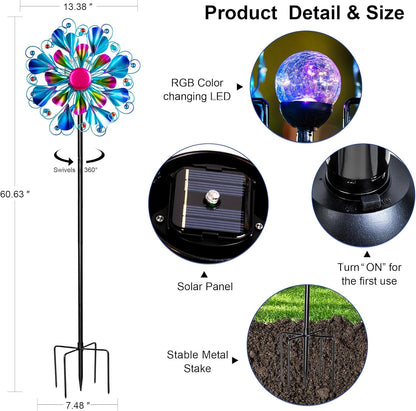 60'' Wind Spinner with Color Glass Ball Solar Lights, Blue Peacock Feathers Metal Garden Outdoor Decor Yard Lawn Art Decor for Patio Kinetic Windmills Unique Gifts for Friends and Family