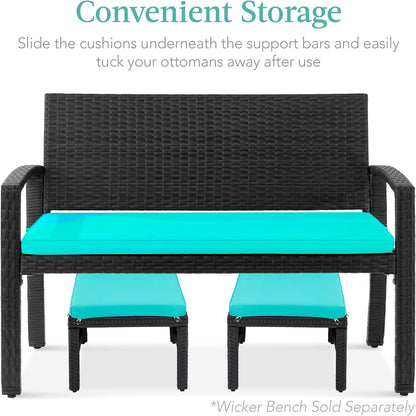 Best Choice Products Set of 2 Wicker Ottomans, Multipurpose Outdoor Furniture for Patio, Backyard, Additional Seating, Footrest, Side Table w/Removable Cushions, Steel Frame - Black/Teal