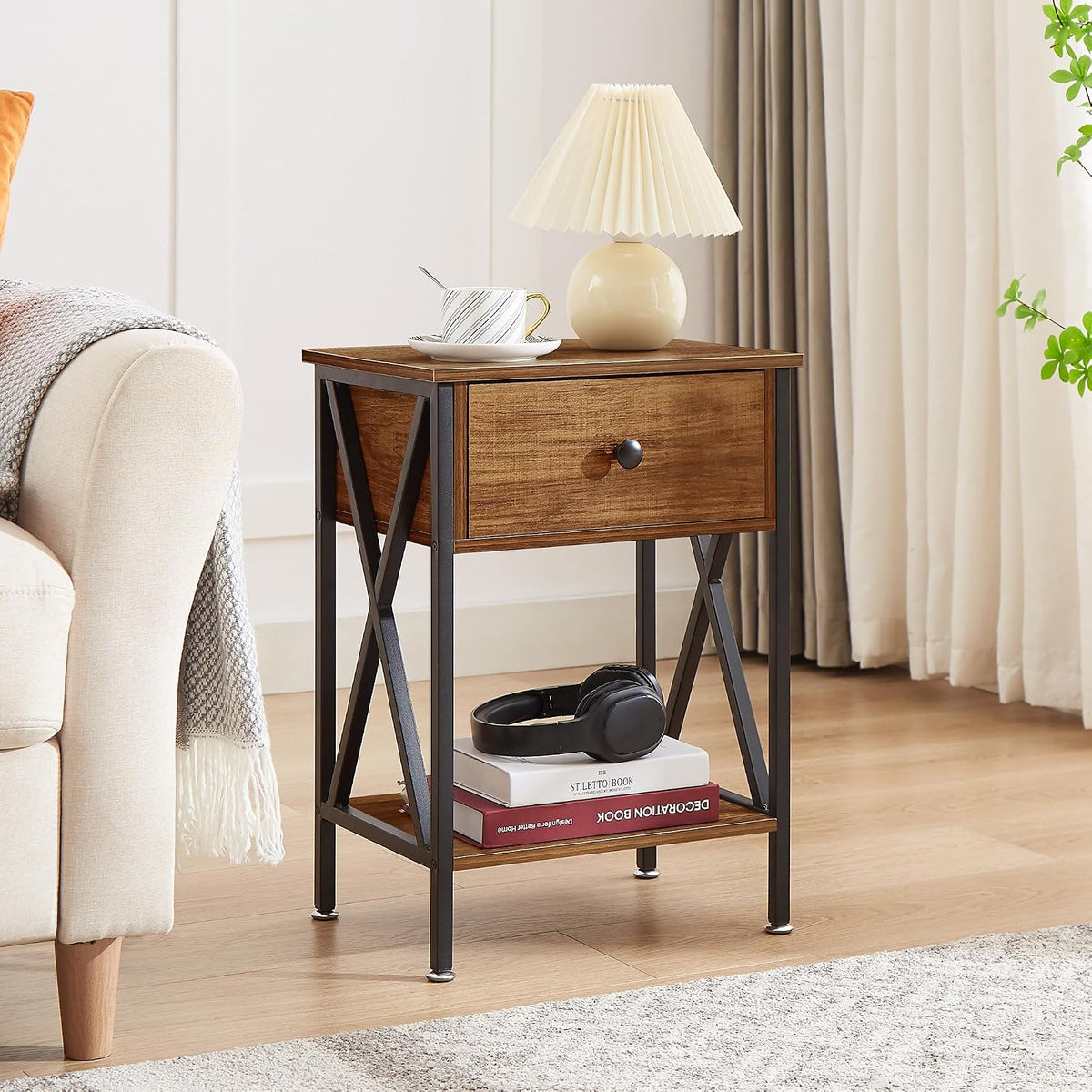 VECELO Nightstands Set of 2, Modern Bedside End Tables, Night Stands with Drawer and Storage Shelf for Living Room Bedroom, Industrial Metal Frame