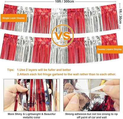 4 Pack 10 Feet Red Silver Foil Fringe Garland Metallic Tinsel Streamers Banner Fringe Curtain Banner for Parade Floats Wedding Graduation Homecoming Carnival Birthday Party Decorations (Red Silver)…