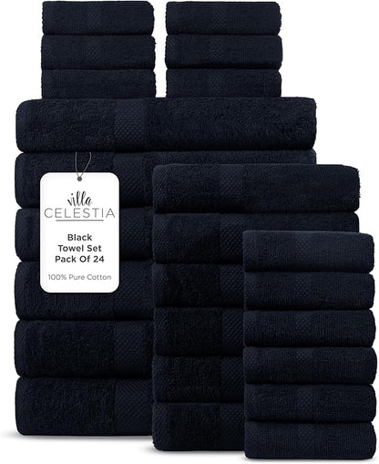 100% Cotton Bath Towel Set of 24-6 Bath Towels, 6 Hand Towels, 12 Wash Cloths, Sustainable, Soft, Highly Absorbent, Combed Cotton 24 Piece Set for Hotels, Spa, Bathroom, Dorm, Black