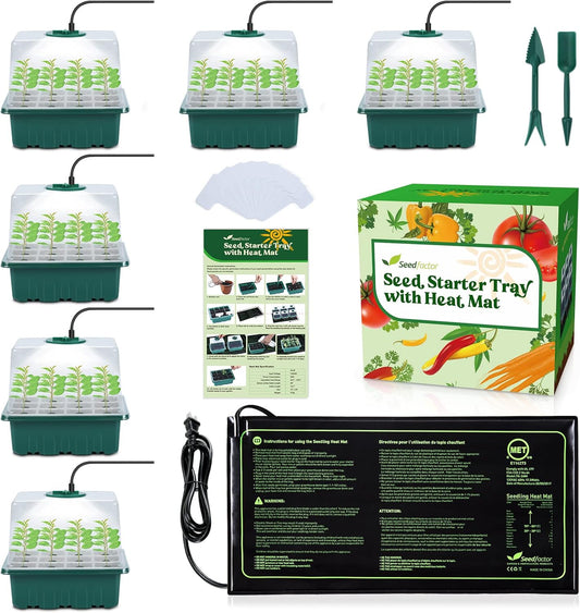 Seedfactor 7-Pack Seed Starter Kit with Grow Light (12 Cells per Tray), Plant Germination Trays with Adjustable Humidity Dome Seed Trays Seedling Starter with Base Trays for Germination