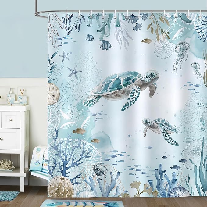 Bonhause Sea Turtle Shower Curtain for Bathroom Teal Blue Ocean Beach Coastal Decorative Bath Curtain 72 x 84 Inch Polyester Fabric Waterproof Bathroom Curtain with 12 Hooks
