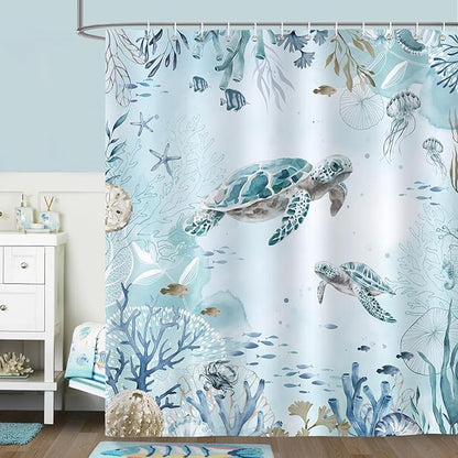 Bonhause Sea Turtle Shower Curtain for Bathroom Teal Blue Ocean Beach Coastal Decorative Bath Curtain 72 x 84 Inch Polyester Fabric Waterproof Bathroom Curtain with 12 Hooks