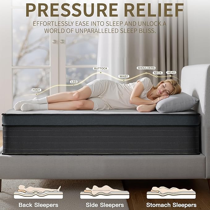 Queen Mattress,12 Inch Gel Memory Foam Hybrid Queen Size Mattresses in a Box, Medium Firm Feel Individual Pocket Springs Matress, Breathable Fabric, Strong Edge Support, Fiberglass Free