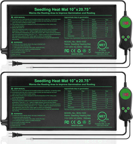 Seedling Heat Mat with Built-in Temperature Controller (2 Pack), 10" x 20.75" Plant Heating Pad with Thermostat for Indoor Seed Starting Germination Hydroponics Waterproof