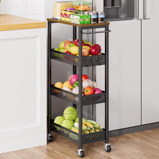 XYZLVSI Slim Rolling Storage Cart, 4 Tier Small Bathroom Cart Organizer | 9.1" W narrow storage cabinet with wooden top and metal handle, ideal for kitchen/dorm, between washer and dryer storage