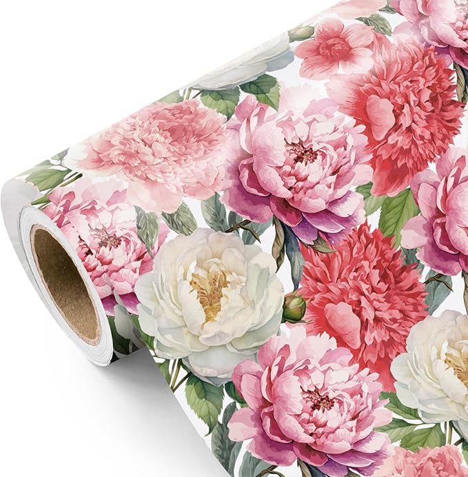 WRAPAHOLIC Floral Wrapping Paper Roll - Mini Roll - 17 Inch x 9.8 Feet - Red Pink Flower Wrapping Paper Perfect for Girls Women Birthday, Wedding, Bridal Shower