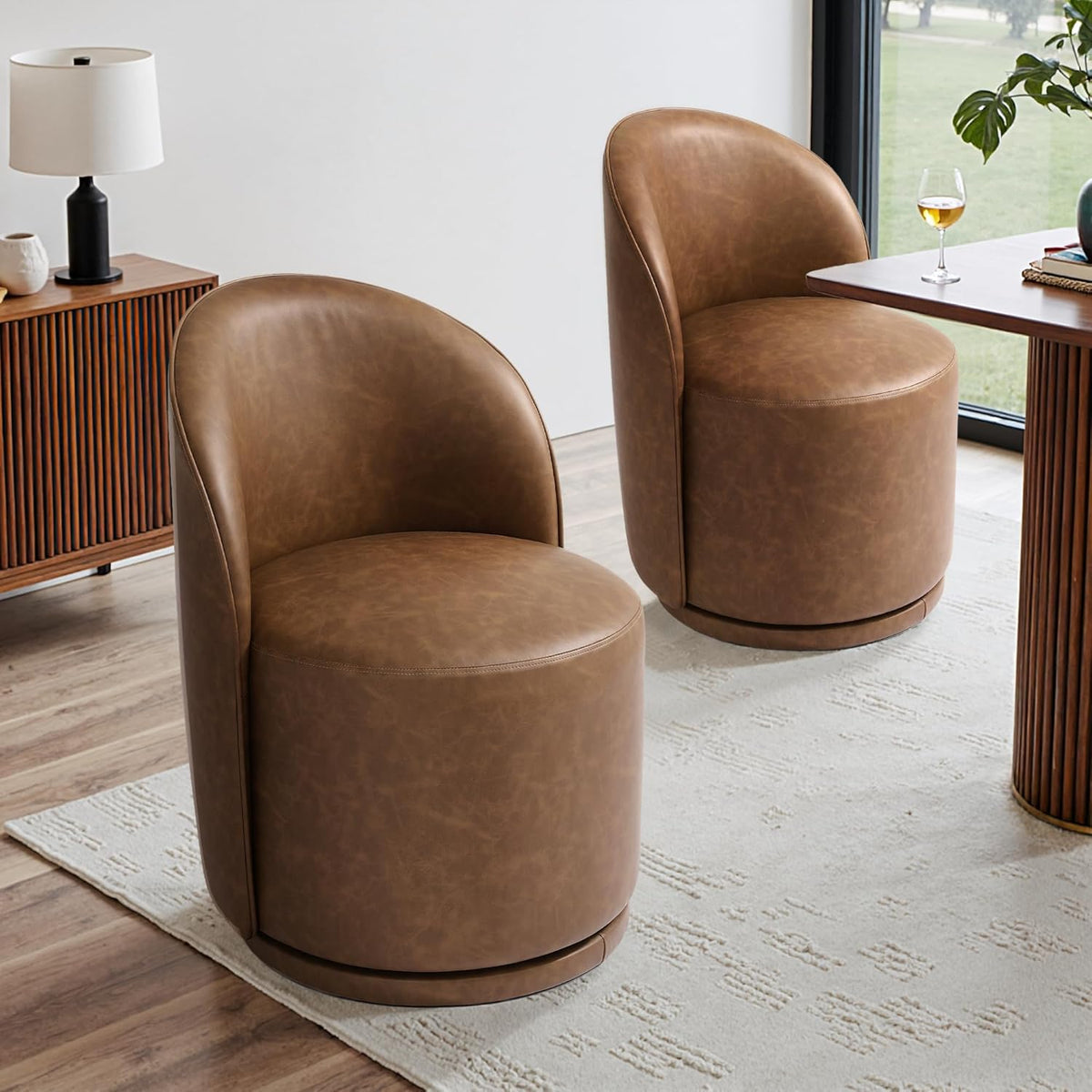 Faux Leather Swivel Barrel Accent Chair, Upholstered Kitchen Dining Room Chair, Makeup Vanity Side Chair for Bedroom Living Room - Brown