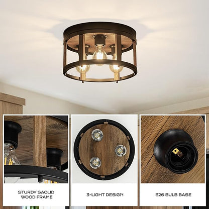 MAYNA 3-Light Retro Farmhouse Flush Mount Round Vintage Metal and Wood Ceiling Light Fixtures, Rustic Ceiling Lamp for Kitchen, Hallway, Entryway, Bedroom, Dining Room