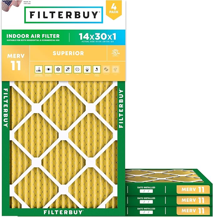 Filterbuy 14x30x1 Air Filter MERV 11 Superior Pet & Allergy Defense (4-Pack), Electrostatic Pleated HVAC AC Furnace Filters Replacement, Made in USA (Actual Size: 13.88 x 29.88 x 0.75)
