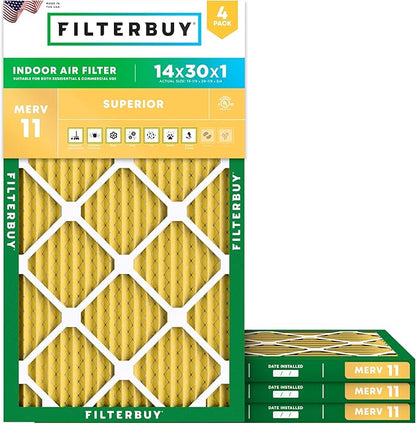 Filterbuy 14x30x1 Air Filter MERV 11 Superior Pet & Allergy Defense (4-Pack), Electrostatic Pleated HVAC AC Furnace Filters Replacement, Made in USA (Actual Size: 13.88 x 29.88 x 0.75)