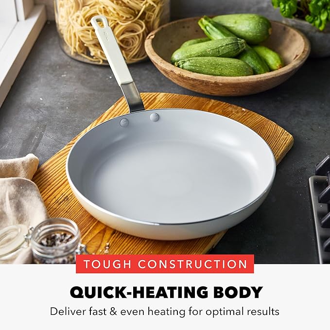 GreenPan x Bobby Flay 12" Nonstick Frying Pan Skillet, PFAS-Free Diamond Ceramic, Induction Suitable, Stay-Cool Silicone Handle, Easy Clean Dishwasher & Oven Safe, Egg & Omelet Pan, Cream