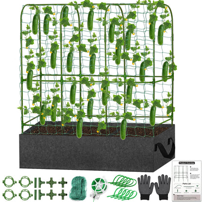 U-Shape Cucumber Trellis with Fabric Raised Garden Bed 65x50 Inch Metal Garden Arch Trellis with Net, Climbing Plants Vegetables Heavy-Duty Outdoor Plant Support for Pea, Grape, Squash, Tomatoes