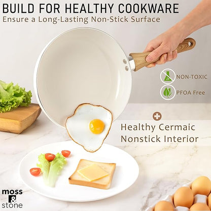 Moss & Stone 6 Pcs White Nonstick Cookware Set, Pots And Pans Set Non stick With Glass Lid, Induction Cookware, Stay-Cool Handle PTFE/PFOA Kitchen Pots 6-Piece with Frying Pans & Saucepan