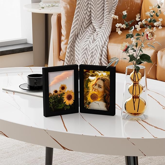 decorUhome Double 5x7 Picture Frame Vertical, Engineered Wood Bifold Photo Frame with Plexiglass for Tabletop Display, 5x7, Black