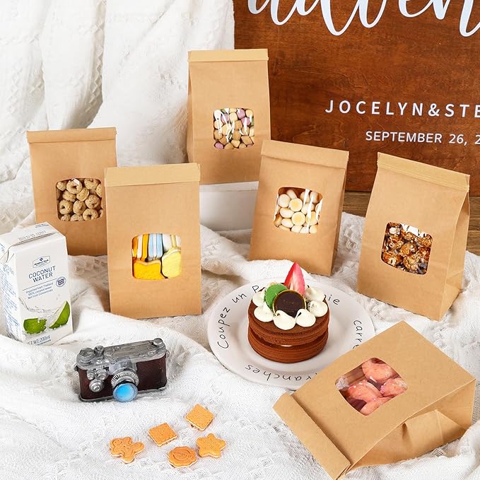 Moretoes 100pcs Small Bakery Cookie Bags with Window, Brown Kraft Paper Bags for Homemade Bread Cookie, 3.5x2.2x6.7in Tin Tie Tab