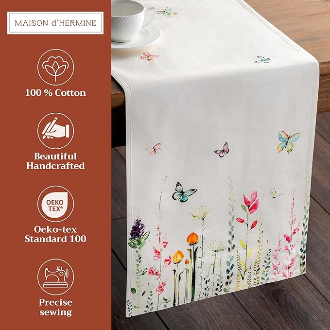 Maison d' Hermine Table Runner 100% Cotton Double Layer Table Runners 108 inches Long Decorative for Home Kitchen Dining Party Wedding Bridal Shower Spring Summer (Botanical Fresh, 14.50" x 108")