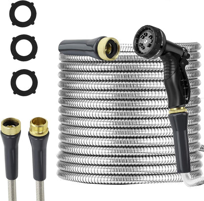 Stainless Steel Garden Hose 75ft Heavy Duty Metal Water Hoses with 10 Function Water Hose Nozzles for Yard Outdoor