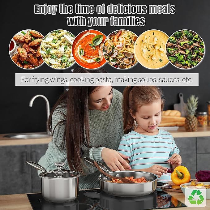 Stainless Steel Cookware Set, 16-Piece Pots and Pans Set Non Toxic, Kitchen Induction Cookware with Glass Lids, Steamer, Utensil Sets, Pot Protectors & Apron, Oven & Dishwasher Safe, Silver