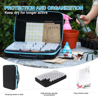 48 Slots Seed Storage Organizer Box, Garden Vegetable Plant Flower Seeds Saving kit with Write Label Funnel Tweezer 2 Sizes Storage Bottles