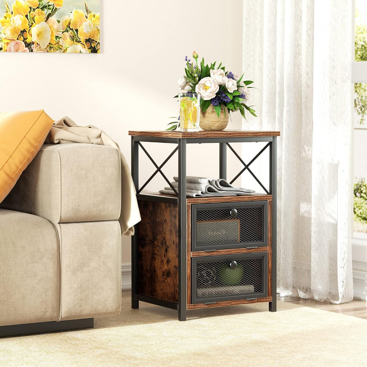 VECELO End Side Table, Modern Night Stand with Storage Space and Door, Set of 2 Nightstands for Living Room,Bedroom,Lounge,Antique Brown