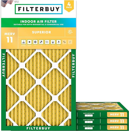 Filterbuy 20x32x1 Air Filter MERV 11 Superior Pet & Allergy Defense (4-Pack), Electrostatic Pleated HVAC AC Furnace Filters Replacement, Made in USA (Actual Size: 20.00 x 32.00 x 0.75)