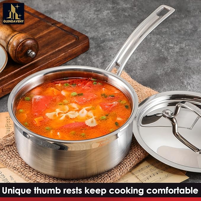 Stainless Steel Saucepan with Lid, Triple Ply 1.5 Quart Sauce pan with Cover Induction Cooking Sauce Pot Perfect for Making Sauces, Reheating Soups, Stocks, Cooking Grains - Dishwasher Safe Oven Safe