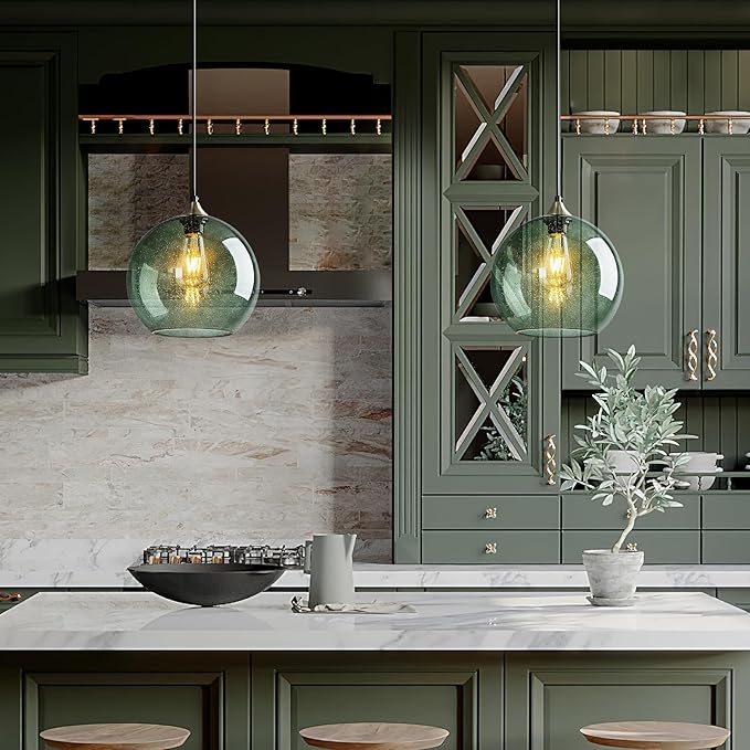 Gray Green Glass Pendant Lights Kitchen Island Lighting Globe Pendant Light Fixtures Modern Pendant Lighting for Kitchen Island Bedroom Living Dining Room Light Fixture(9.84in, 3-Pack)