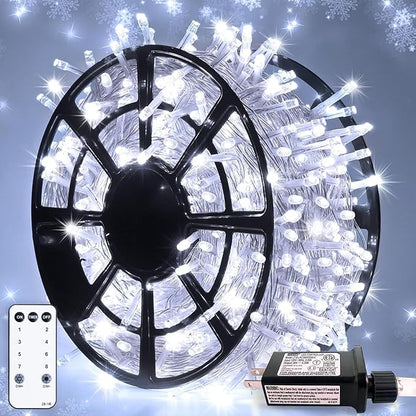 JMEXSUSS 500 LED White Christmas Lights, 8 Modes 163ft Waterproof Christmas Light Outdoor Plug in with Remote Control, Clear Wire String Lights for Tree Outside Yard Wedding Decorations