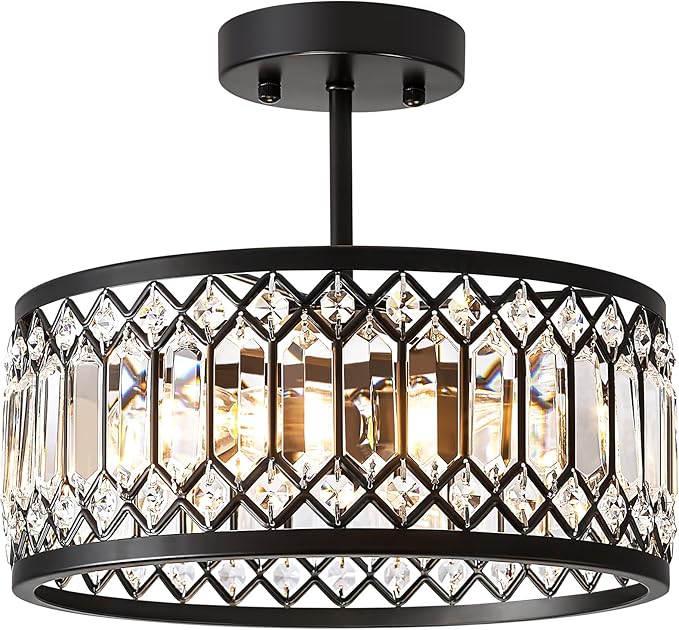 Crystal Black Ceiling Light, Modern Semi Flush Mount Ceiling Lighting Fixture, Round Hallway Lighting Fixtures Chandelier for Kitchen Entryway Bedroom Dining Room, 3-Light, 12.2 Inch
