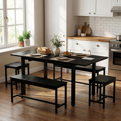 IDEALHOUSE 5-Piece Extendable Dining Table Set for 6-8 People, 63 Inch Kitchen Table with 2 Benches & 2 Stools, Space Saving Modern Dining Room Furniture, Black