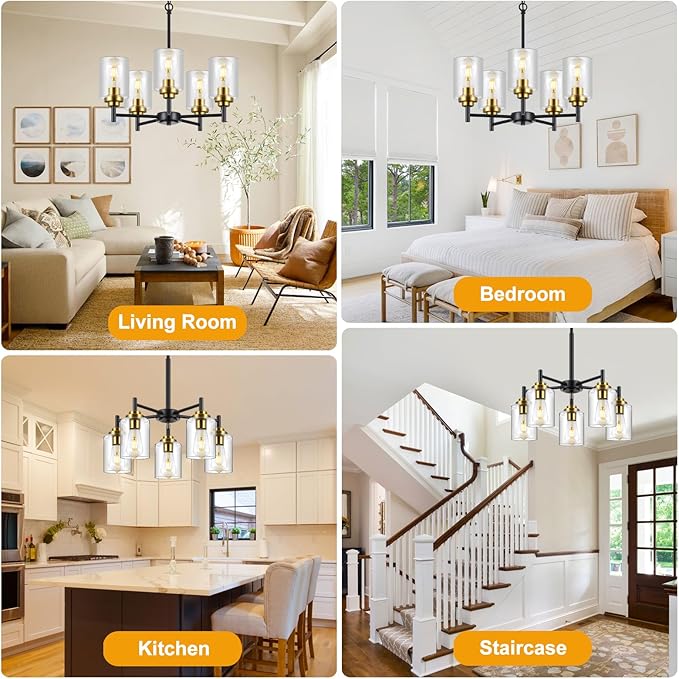 9MMML 5 Lights Glass Chandelier,Modern Kitchen Island Lighting Black and Gold Metal Dining Room Light Fixture for Living Room Foyer,E26