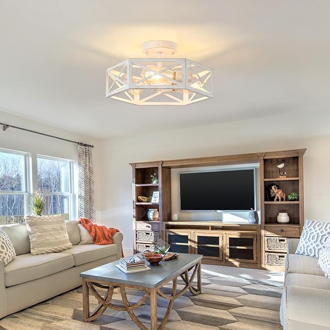 3-Light Flush Mount Ceiling Light Fixture, Modern Close to Ceiling Light with White Metal Hexagon Cage, Farmhouse Ceiling Light for Bedroom, Hallway, Entry, Foyer, Kitchen