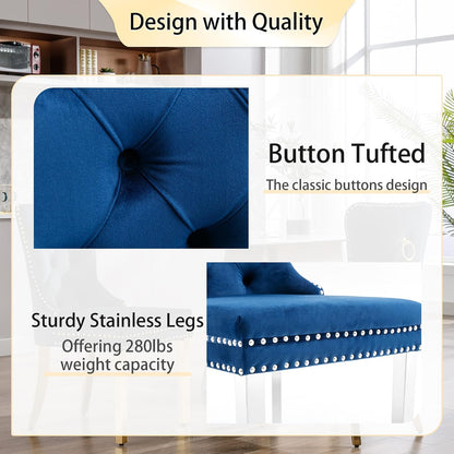 Dining Room Chairs Set of 4, Tufted Velvet Chairs with Modern Stainless Steel Legs, Rivet Trim Metal Pull Ring Large Back for Kitchen Dining Room Restaurant, Blue