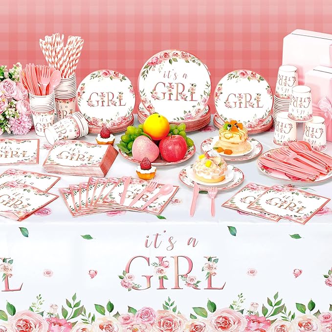 452 Pcs Pink Floral Baby Shower Party Supplies Include It's a Girl Baby Shower Paper Plates Cups Napkins Tablecloth Cutlery Straws for Pink Flower Girl Gender Reveal Birthday Party