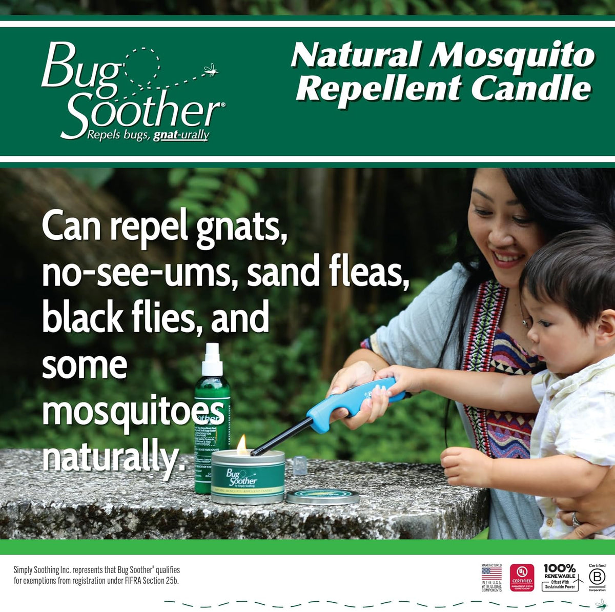 Bug Soother Candle - Natural Insect, Gnat and Mosquito Repellent 2 Candles, 1oz Bottle of Bug Spray Deterrent - Safe for Adults, Kids, Pets, Environment - Made in USA