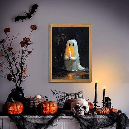 Framed Vintage Halloween Ghost Wall Art - Spooky Candle Ghost Fall Texture Pictures Wall Decor for Living Room, Kids Room, Halloween Bedroom or Party 16x24 inch