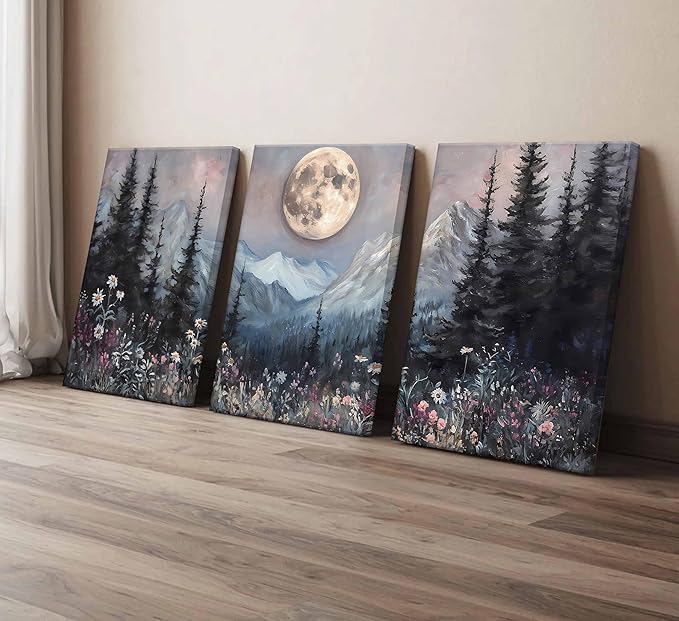 3Pcs Full Moon Forest Canvas Wall Art Moody Dark Forest Moonlit Pine Tree Mountains Wildflowers Wall Decor Wildflower Moon Poster Print Artwork for Bedroom Living Room Decoration