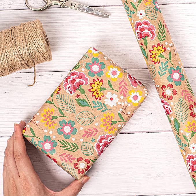RUSPEPA Kraft Wrapping Paper Roll - Mini Roll - Carnation Design Great for Mother's day, Birthday, Party, Anniversary - 17 Inches X 32.8 Feet