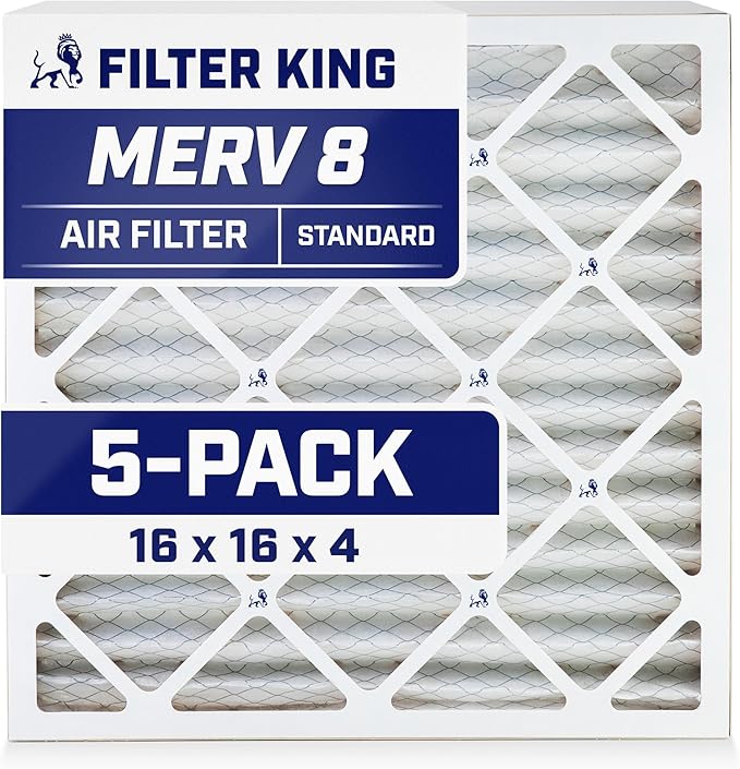 Filter King 16x16x4 Air Filter | 5-PACK | MERV 8 HVAC Pleated A/C Furnace Filters | MADE IN USA | Actual Size: 15.5 x 15.5 x 3.75"