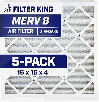 Filter King 16x16x4 Air Filter | 5-PACK | MERV 8 HVAC Pleated A/C Furnace Filters | MADE IN USA | Actual Size: 15.5 x 15.5 x 3.75"
