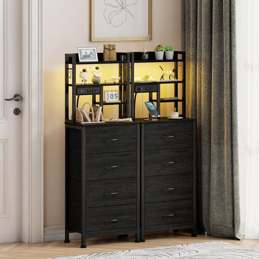 Furnulem Tall Nightstand, LED Night Stand with Charging Station | USB Ports, 4 Fabric Drawers and 4 Tier Storage Shelf, Nightstands Bedside Tables for Bedroom, Dorm, Office (Black Oak)