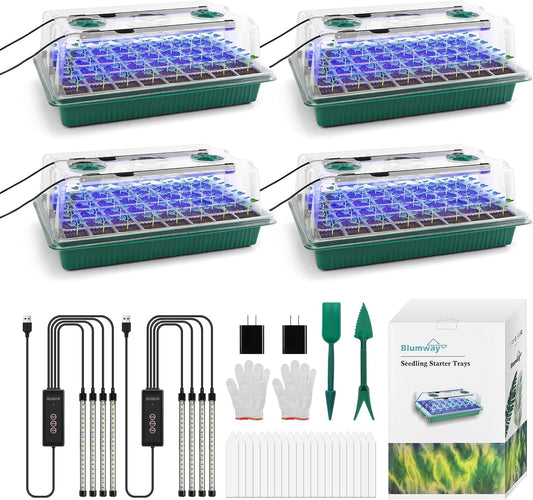 BlumWay Seed Starter Tray with Grow Light,4 Pack 160 Cells Seedling Tray with Humidity Dome/Indoor Grow Kit for Deep-Rooted Seedlings,Adjustable/Timed Light Plant Starter Set