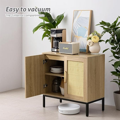 Buffet Cabinet with Storage, Storage Cabinet with Rattan Decor Doors, Accent Sideboard Bufft with Solid Wooden Feet, for Living Room, Hallway, Kitchen, Buffet Table