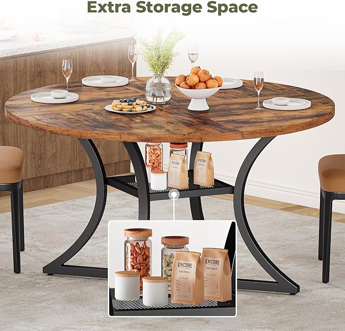 IRONCK 47.2" Round Dining Table for 4, Wood Kitchen Table with Storage Shelf for Dining Room, Dinner Table with Wooden Tabletop and Metal Base, Rustic Brown
