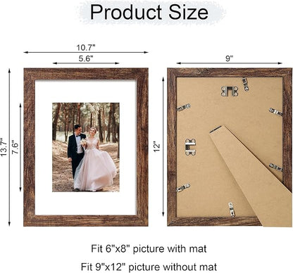 9x12 Picture Frame Set of 4 with Tempered Glass, Wooden Rustic Frame Display 6x8 Pictures with Mat or 9 x 12 Without Mat, Photo Frame for Wall Mount and Tabletop Display