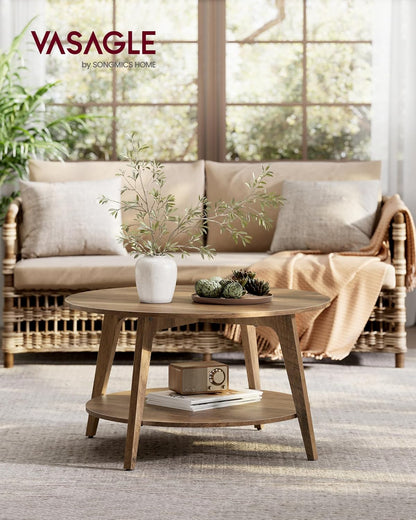 VASAGLE MAEZO Collection - Round Coffee Table, 2-Tier Center Table with Storage, Tapered Legs, Curved Transitions, 31.5 Dia. x 17.7 H Inches, Easy Assembly, for Living Room, Honey Brown ULCT243K41