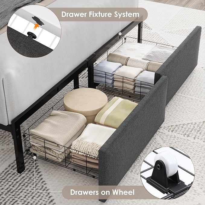 Keyluv Queen Bed Frame with Storage Headboard & 2 Drawers, Upholstered LED Platform Bed with Charging Station & Bedside Storage Rack, Metal Slat Support, No Box Spring Needed, Linen Fabric, Black